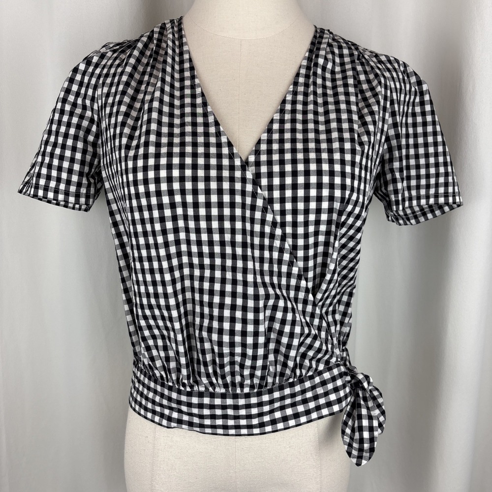 Madewell Women's S Short Sleeve Wrap Tie Top Gingham Check Cropped Black White
